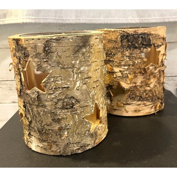 Set Of 2 Birch Bark Star Cutout Candle Holders Rustic Nature Decor - Picture 2 of 9